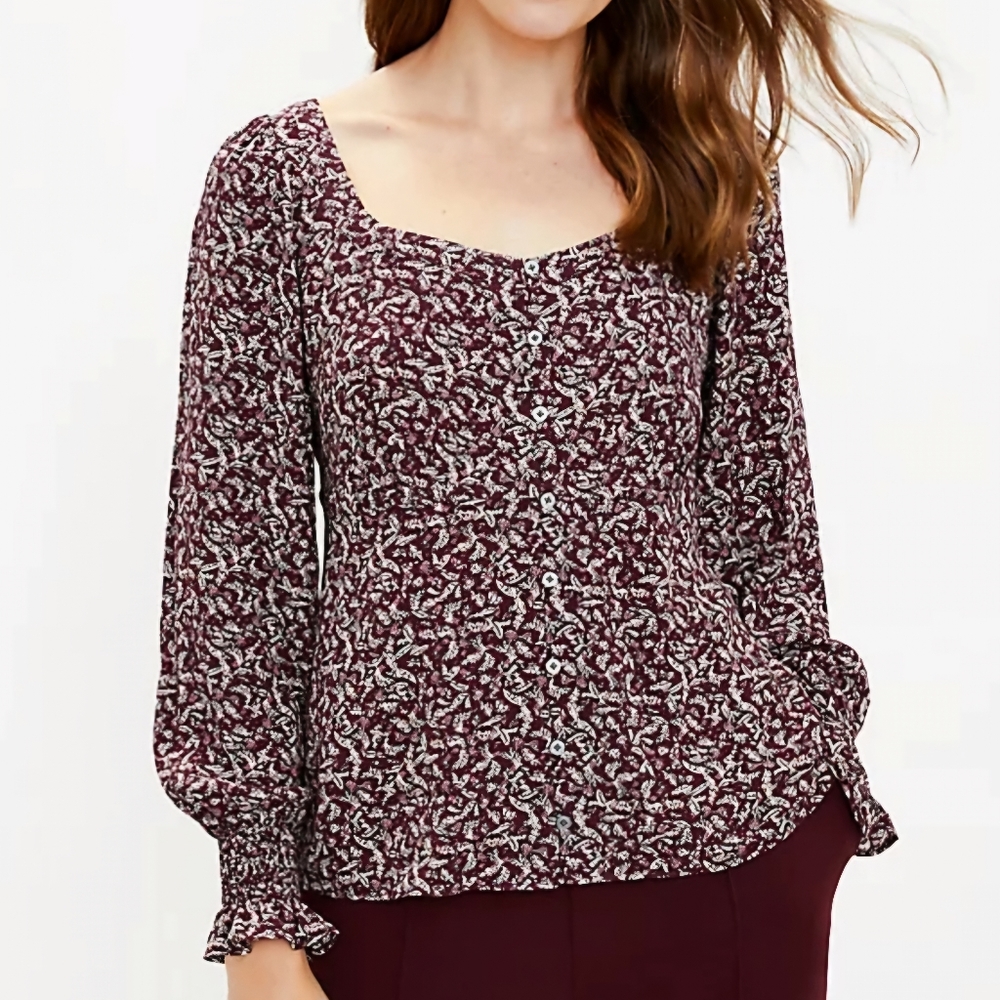 LOFT Cottagecore Garden Girl Ditsy Floral Paisley Square Neck‎ Burgundy Blouse S